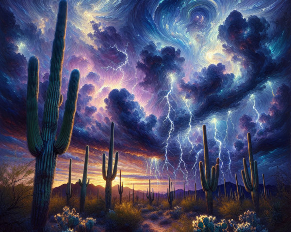 Dramatic Desert Landscape with Cacti and Lightning