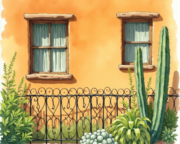 Charming Adobe Wall with Rustic Windows and Greenery