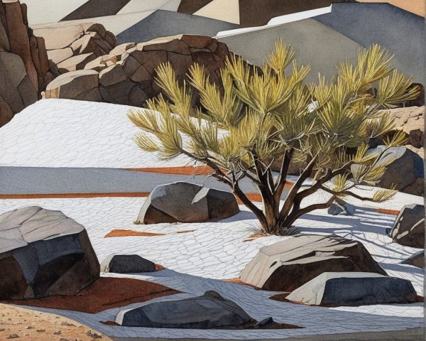 Serene Desert Landscape with Angular Mountains and Tree