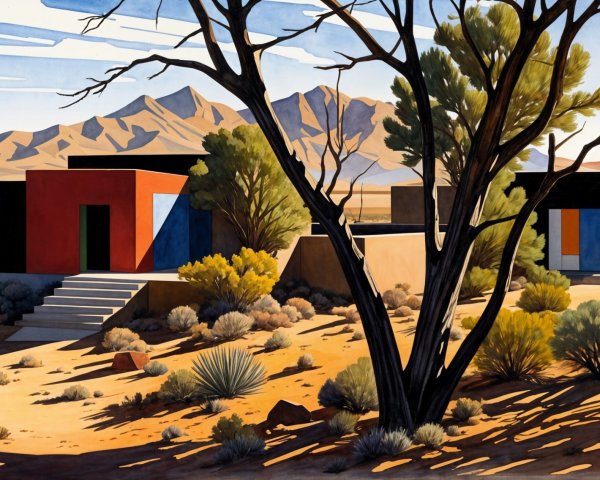 Desert Landscape with Abstract Structures and Mountains