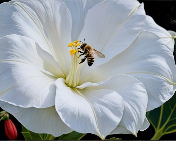 Close-up of a white flower with a bee collecting nectar