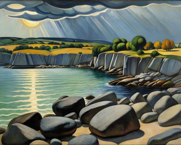 Serene Coastal Landscape with Rocky Shoreline and Sunlight