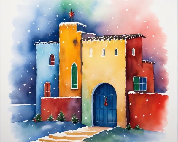 Vibrant Watercolor of Colorful Buildings in Snow