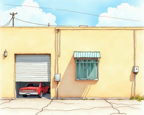Simple Building with Beige Exterior and Classic Car