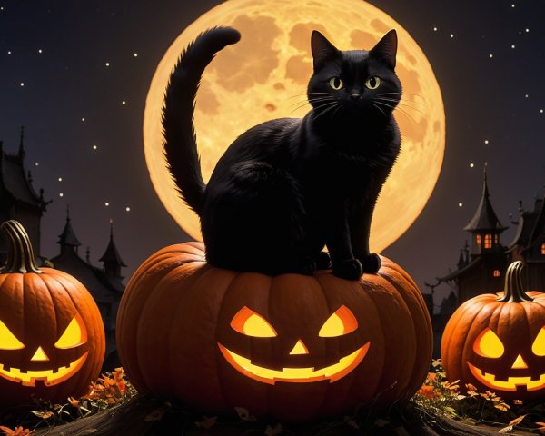 Mystical Black Cat on Pumpkin in Spooky Halloween Scene
