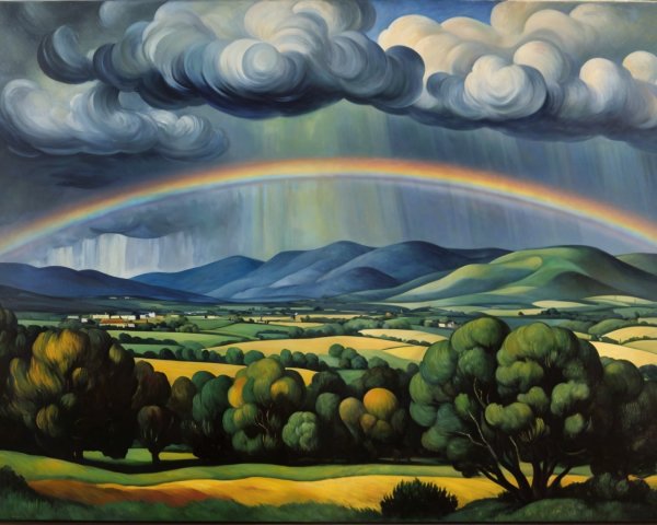 Vibrant Landscape with Rainbow and Stormy Sky