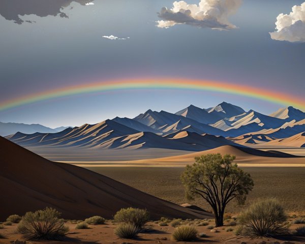 Desert Landscape with Dunes, Mountains, and Rainbow
