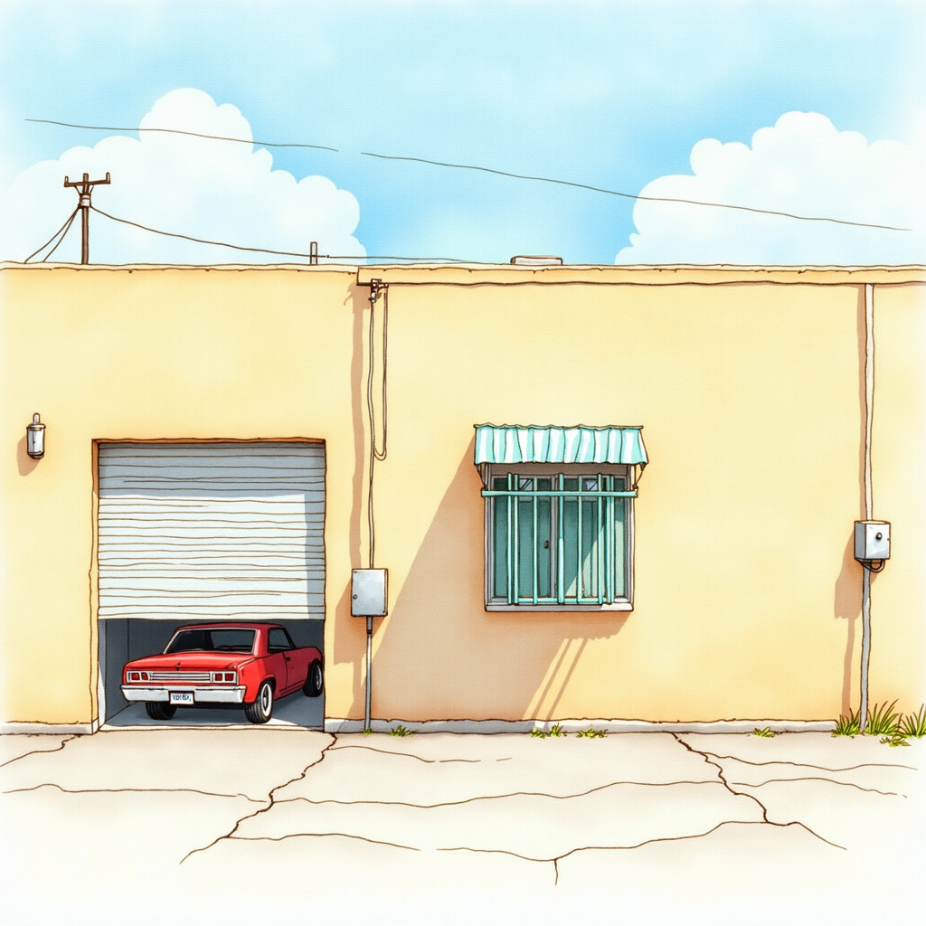 Simple Building with Beige Exterior and Classic Car