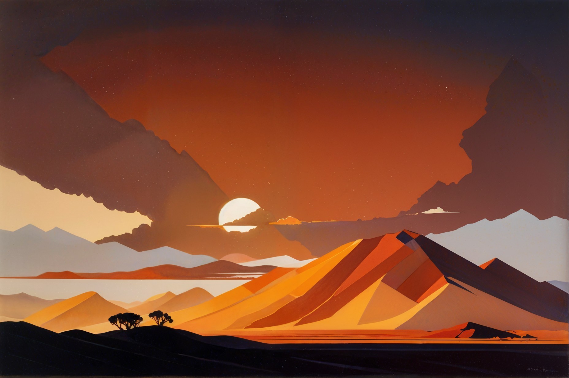 Dramatic Sunset Landscape with Mountains and Dunes