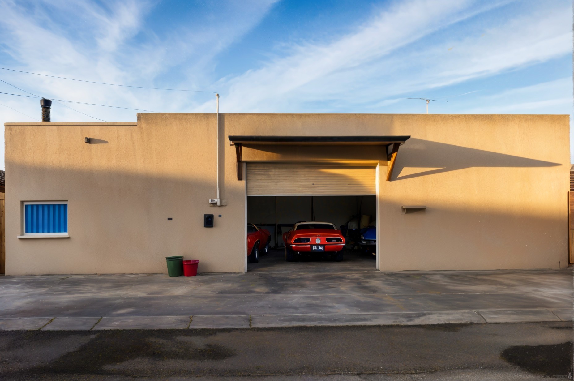 Beige Building with Garage, Classic Cars, and Bins