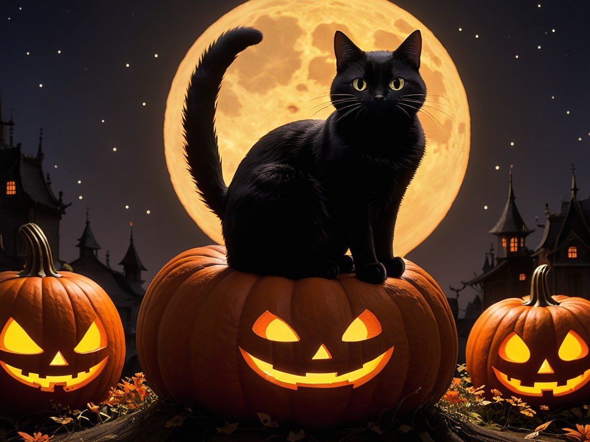 Mystical Black Cat on Pumpkin in Spooky Halloween Scene