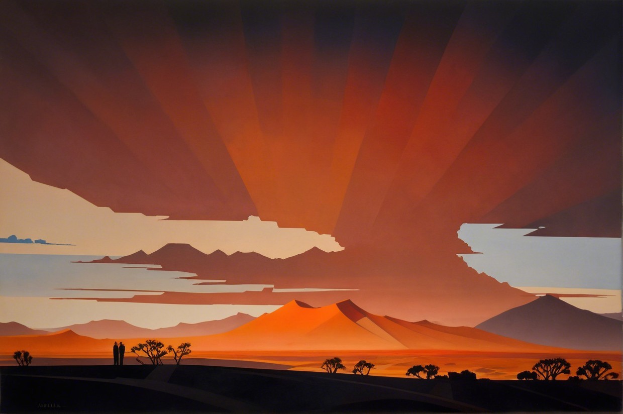 Sunset Landscape with Rolling Hills and Silhouetted Trees