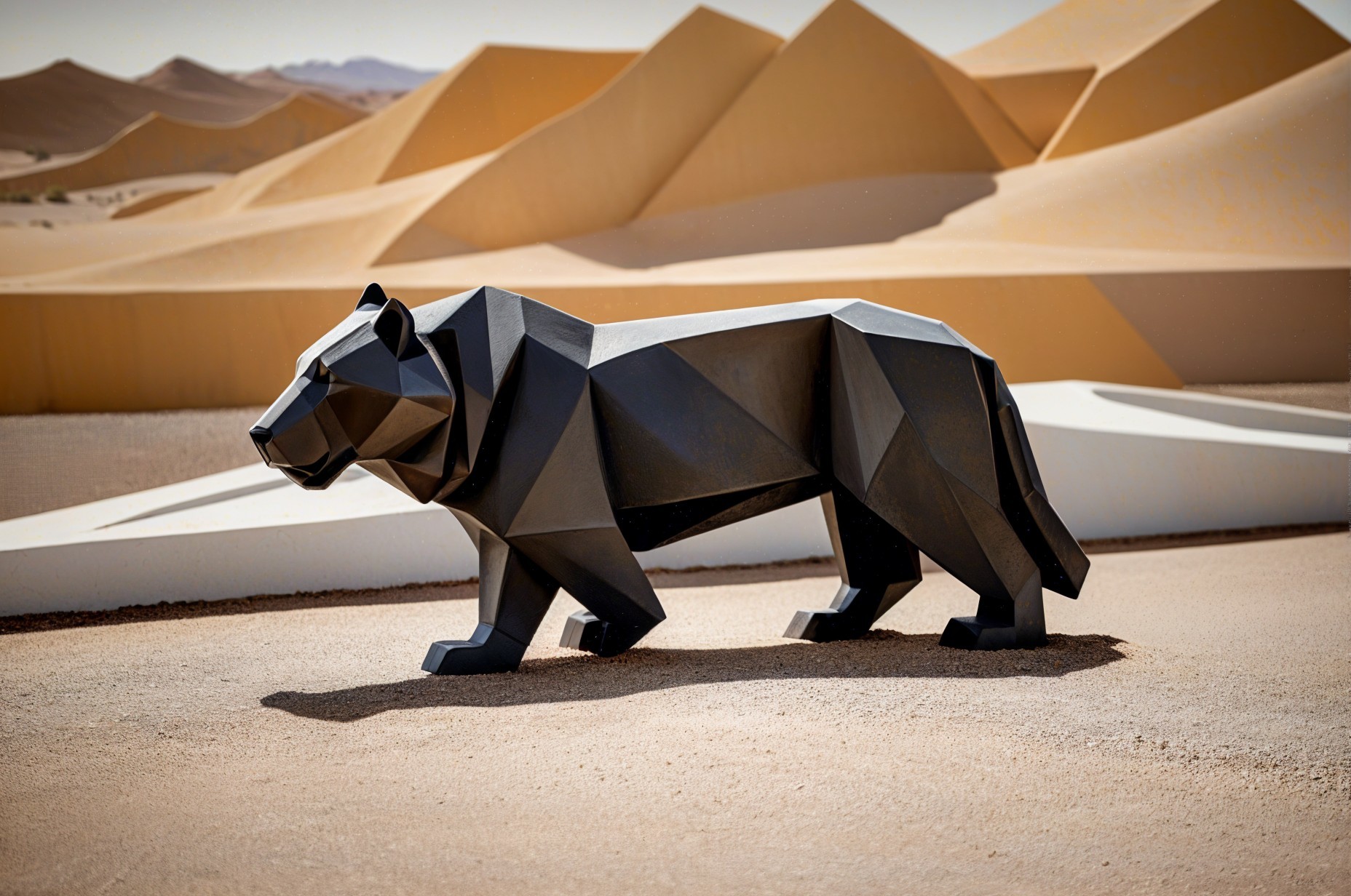 Angular Black Bear Sculpture in Desert Landscape
