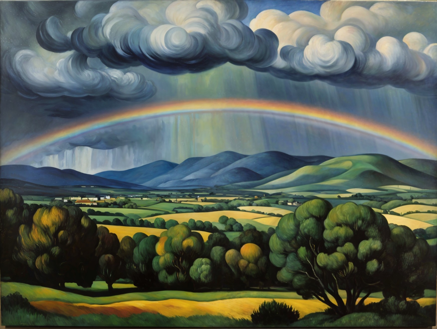 Vibrant Landscape with Rainbow and Stormy Sky