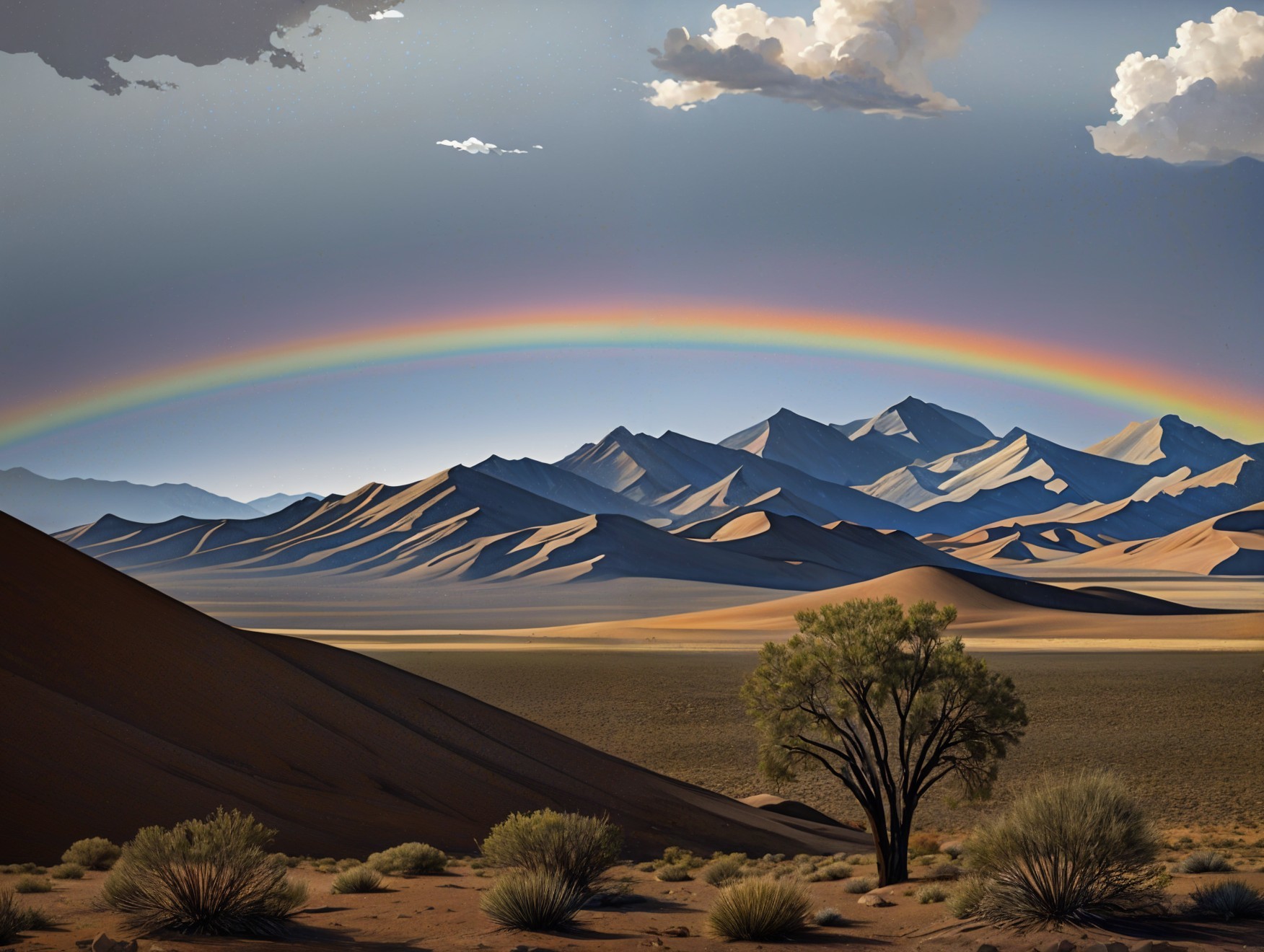 Desert Landscape with Dunes, Mountains, and Rainbow