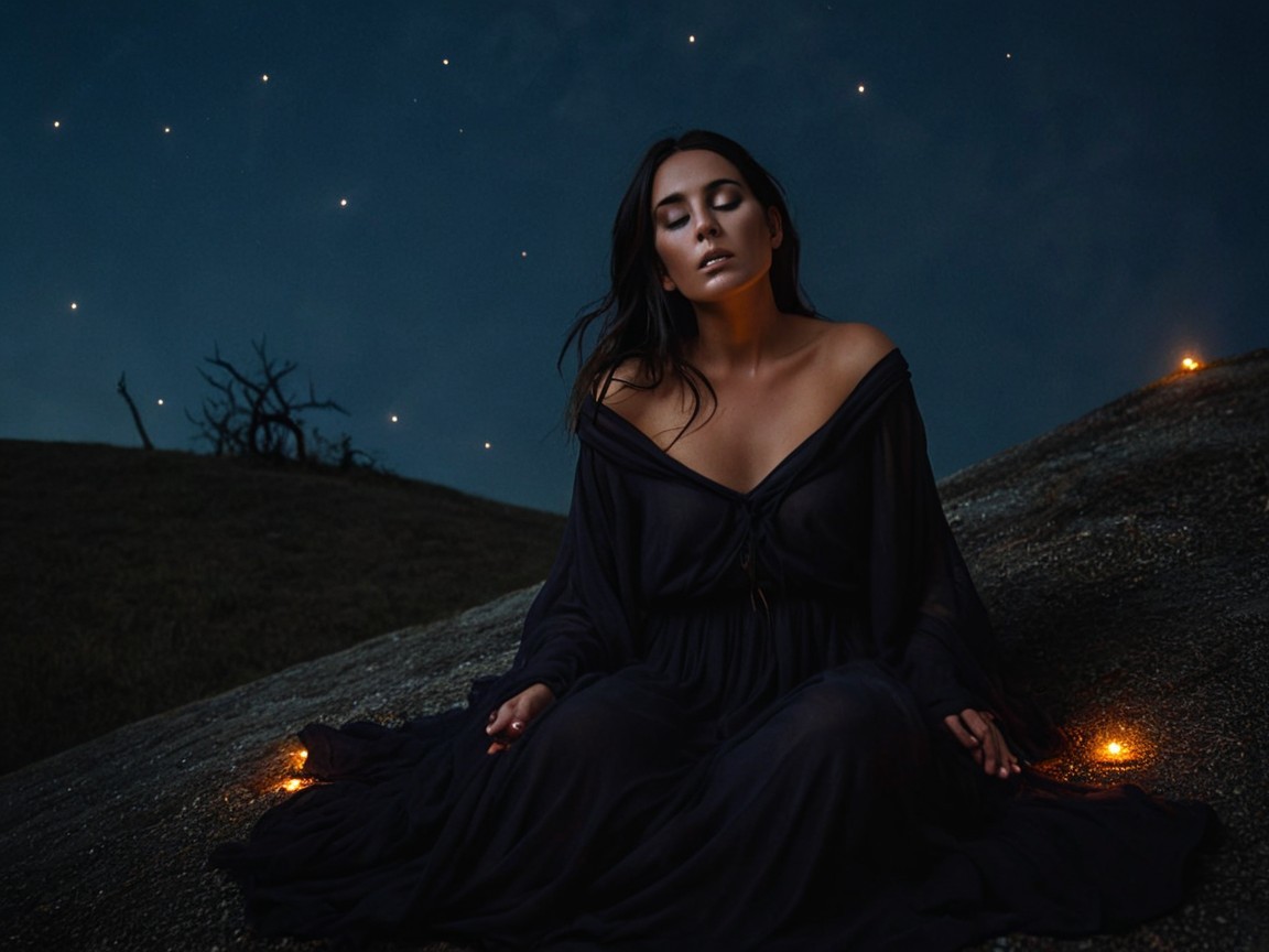 Serene Woman in Dark Gown Under Twilight Sky