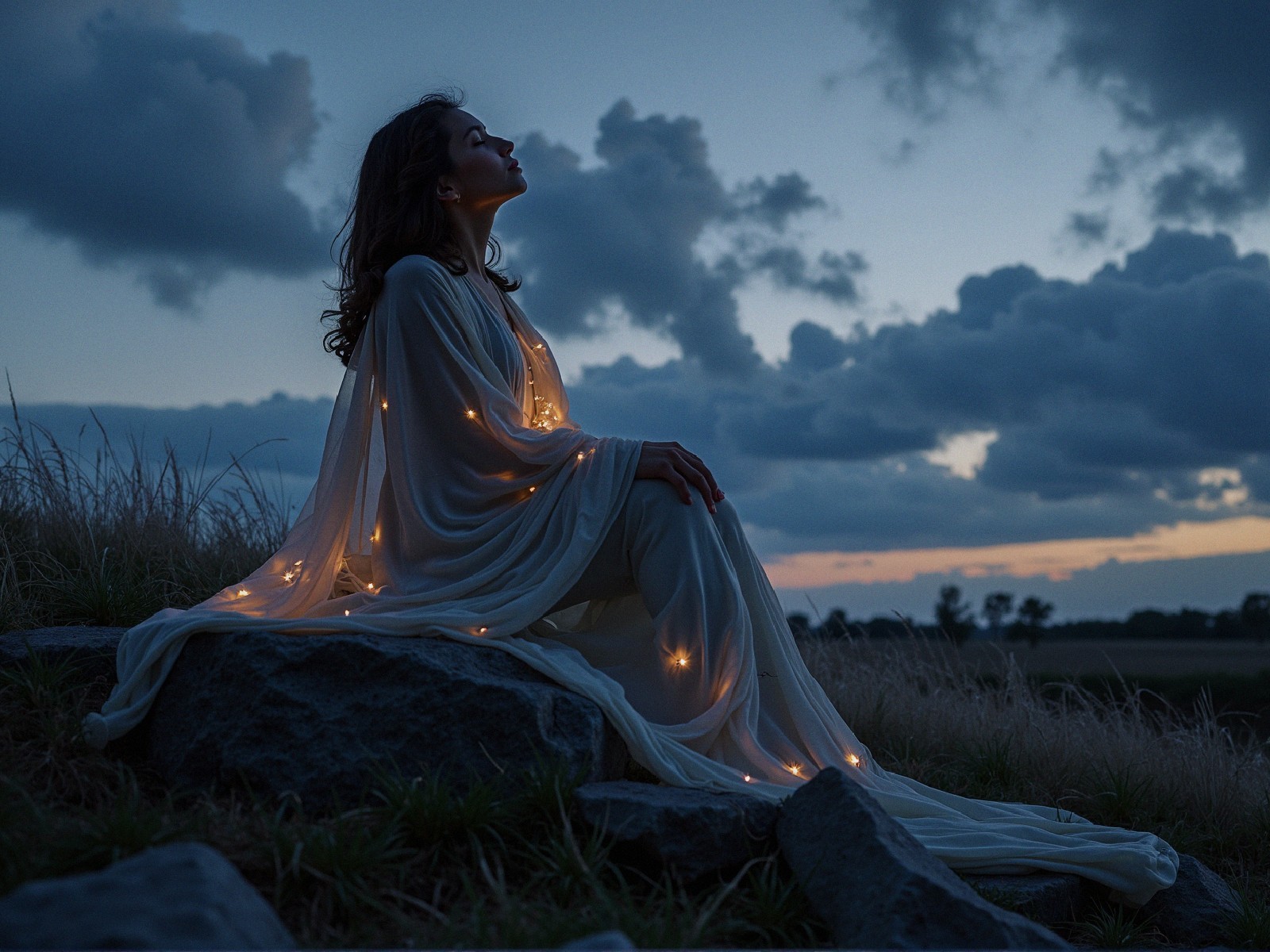 Serene figure in white fabric on rocky outcrop at dusk