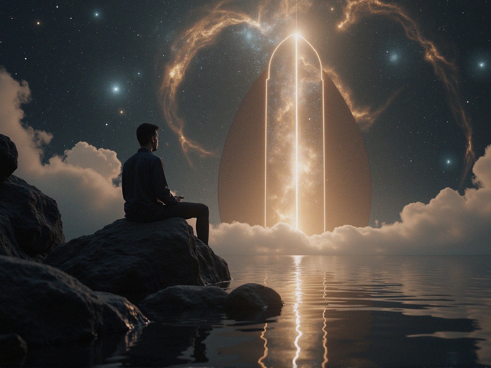Teardrop Portal on Rocky Shore Under Starry Sky