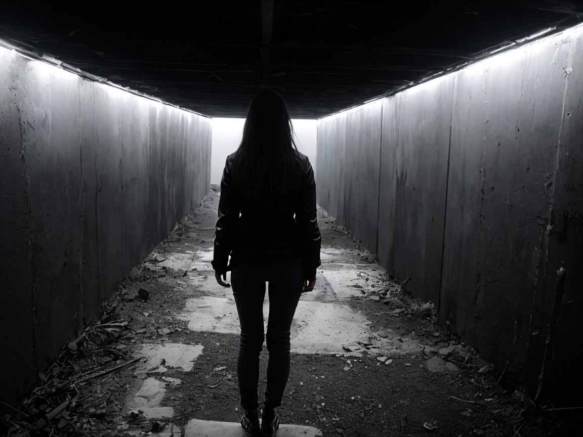 Solitary Figure in Dimly Lit Concrete Passageway