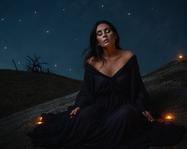 Serene Woman in Dark Gown Under Twilight Sky