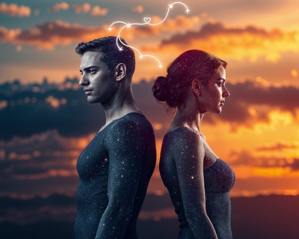Individuals with starry skin against a sunset backdrop