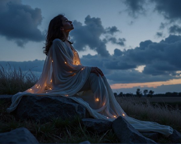 Serene figure in white fabric on rocky outcrop at dusk