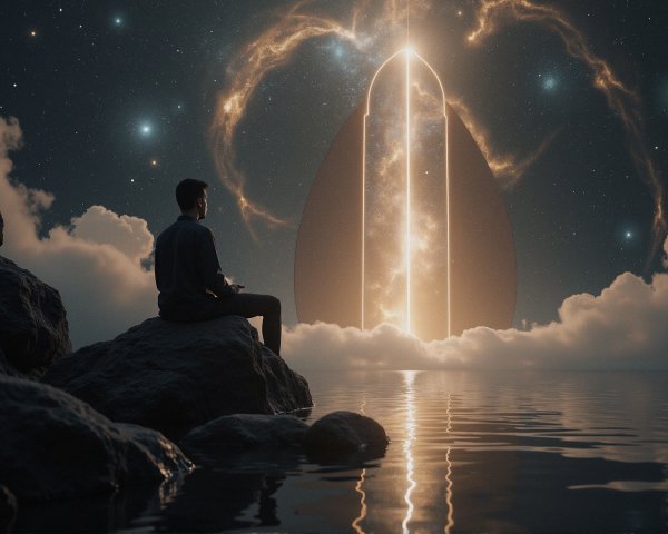 Teardrop Portal on Rocky Shore Under Starry Sky