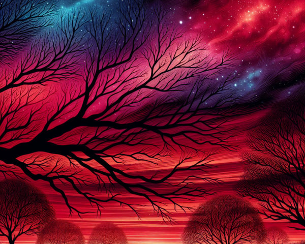 Twilight Scene with Trees and Cosmic Background