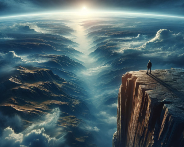 Lone Figure on Cliff Overlooking Ethereal Landscape