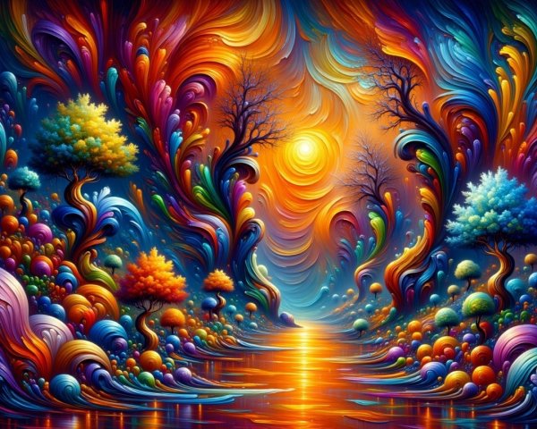 Vibrant Swirling Landscape with Colorful Trees and River