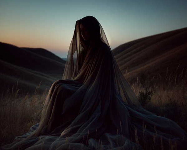 Cloaked Figure on Grassy Hill at Dusk