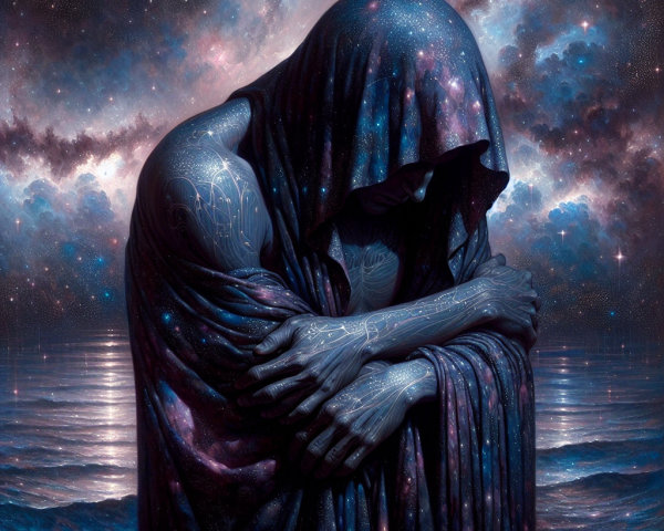 Cloaked Figure in Cosmic Scene with Glowing Patterns