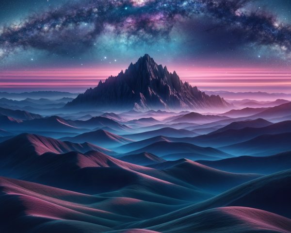 Surreal Landscape with Iridescent Mountains and Galaxy