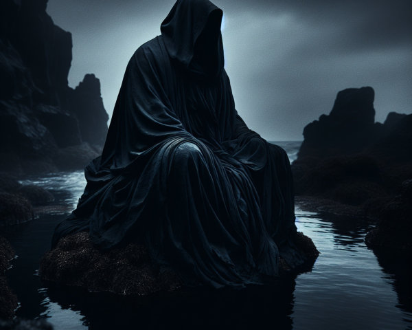 Mysterious Cloaked Figure on Rocky Outcrop by Water