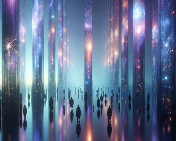 Surreal Landscape with Shimmering Pillars and Stars
