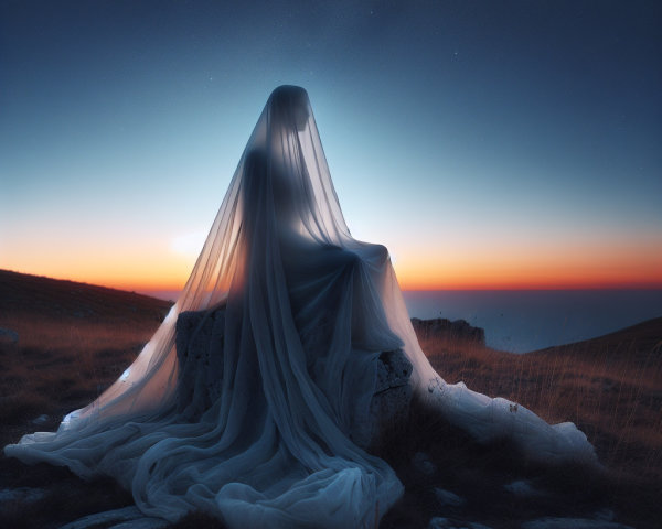 Ethereal Figure on Rocky Outcrop at Dusk