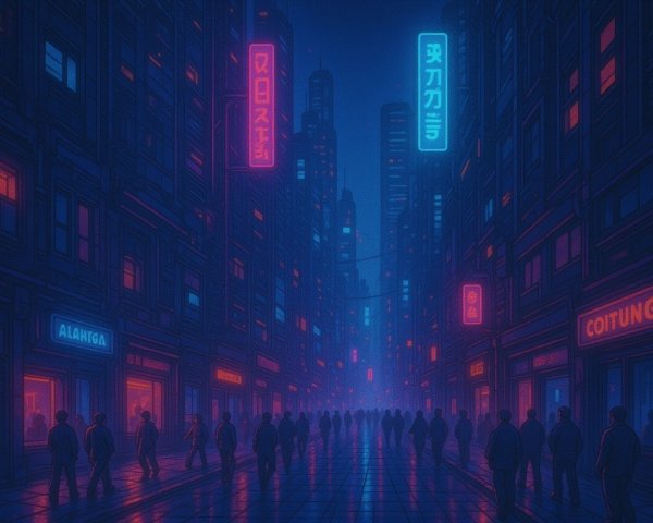 Futuristic Neon-Lit Urban Street Scene in Cyberpunk Aesthetic