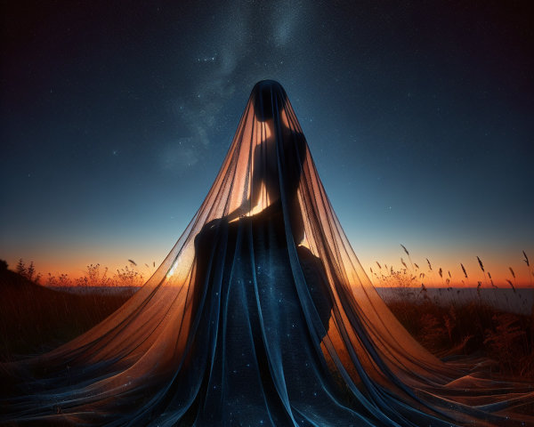 Silhouette in Translucent Fabric Against Sunset Sky