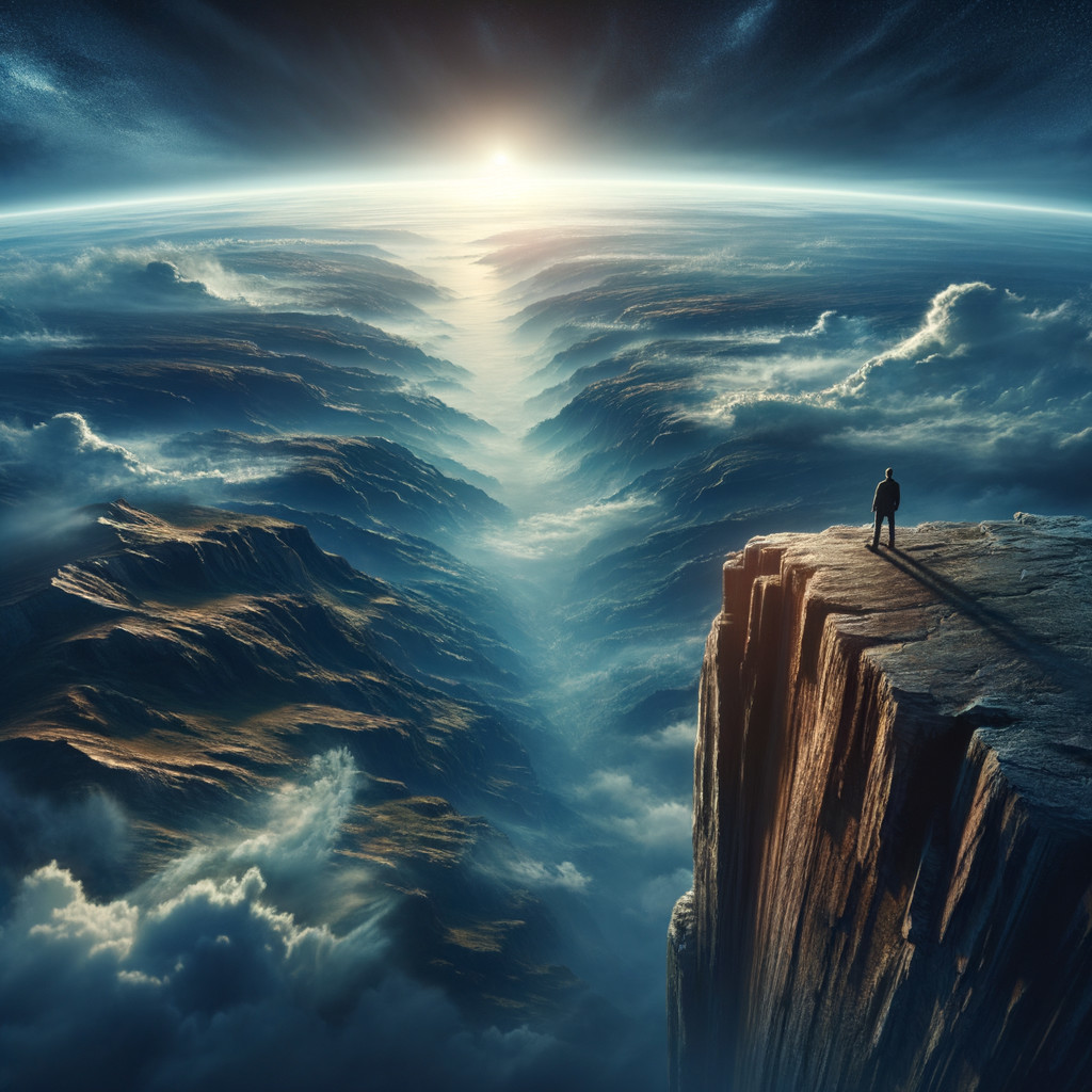 Lone Figure on Cliff Overlooking Ethereal Landscape