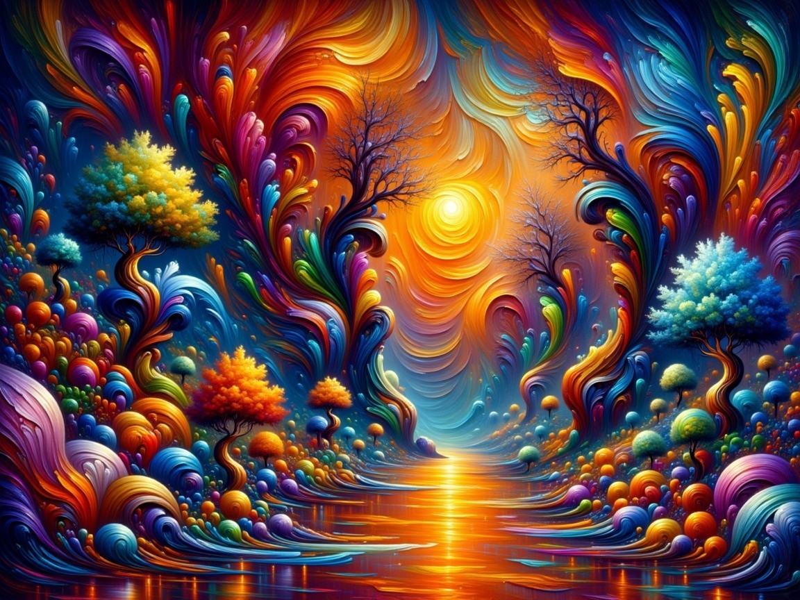 Vibrant Swirling Landscape with Colorful Trees and River