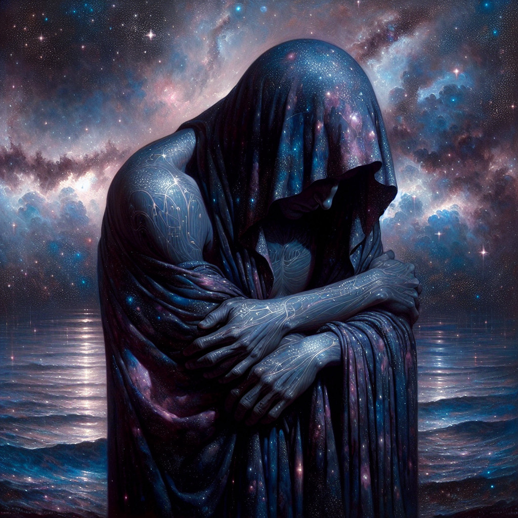 Cloaked Figure in Cosmic Scene with Glowing Patterns