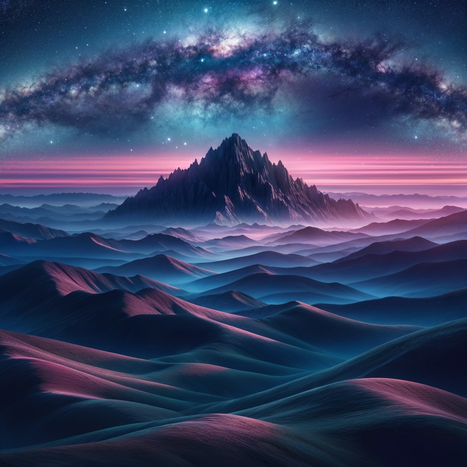 Surreal Landscape with Iridescent Mountains and Galaxy