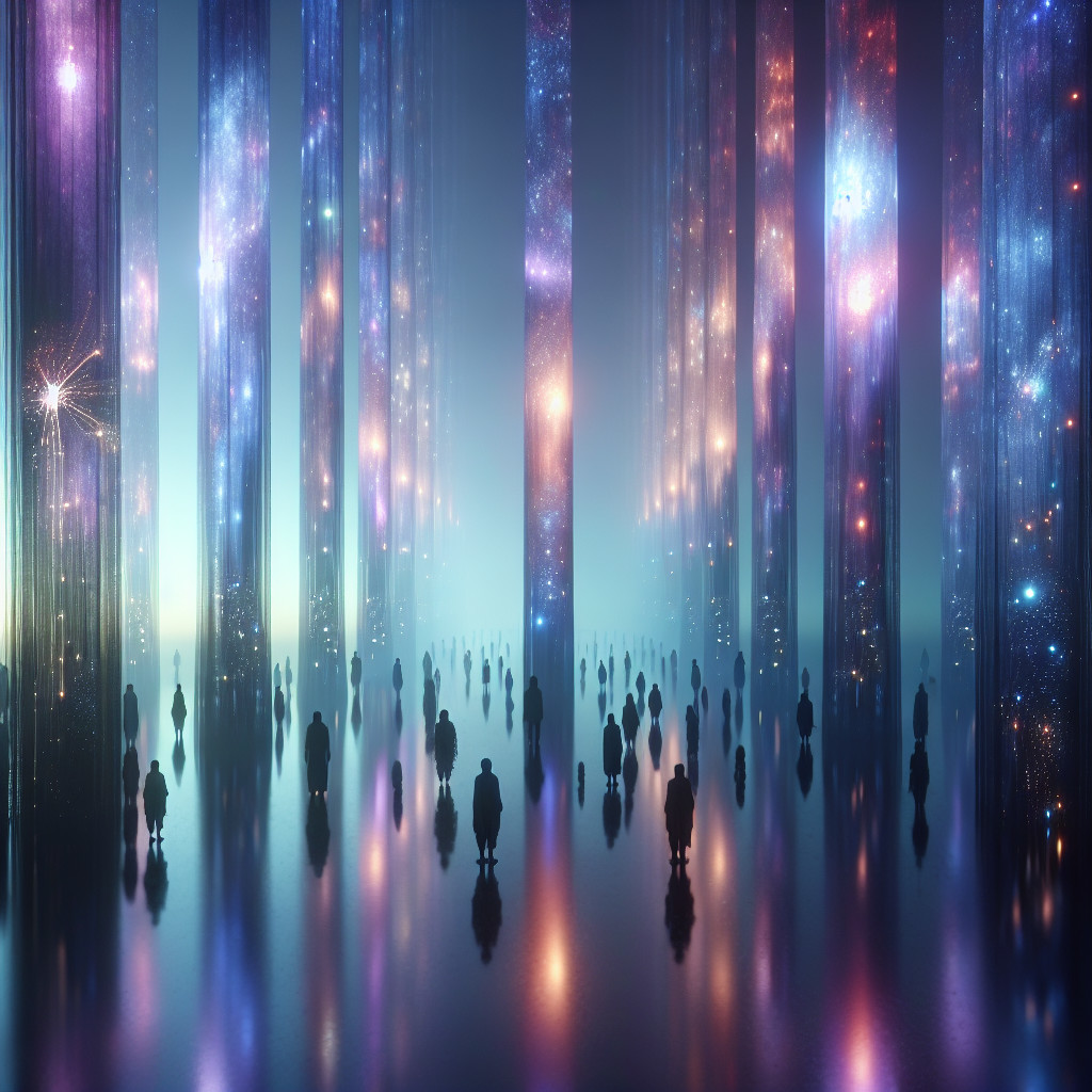 Surreal Landscape with Shimmering Pillars and Stars