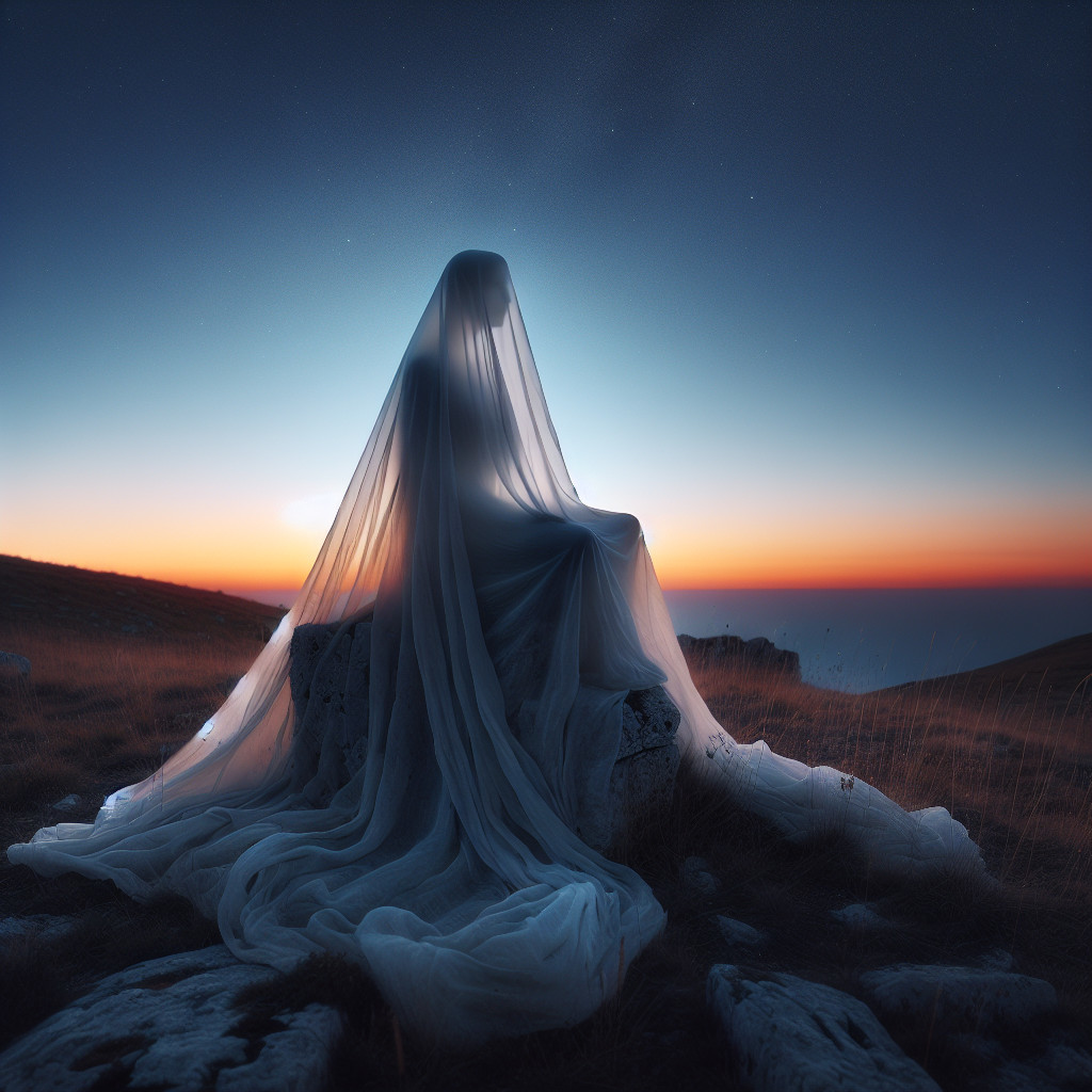 Ethereal Figure on Rocky Outcrop at Dusk