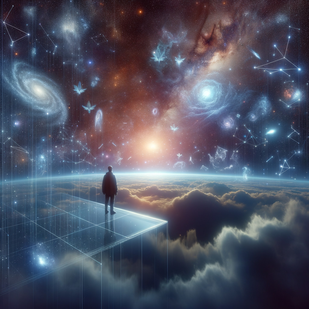 Solitary Figure on Translucent Platform Above Clouds