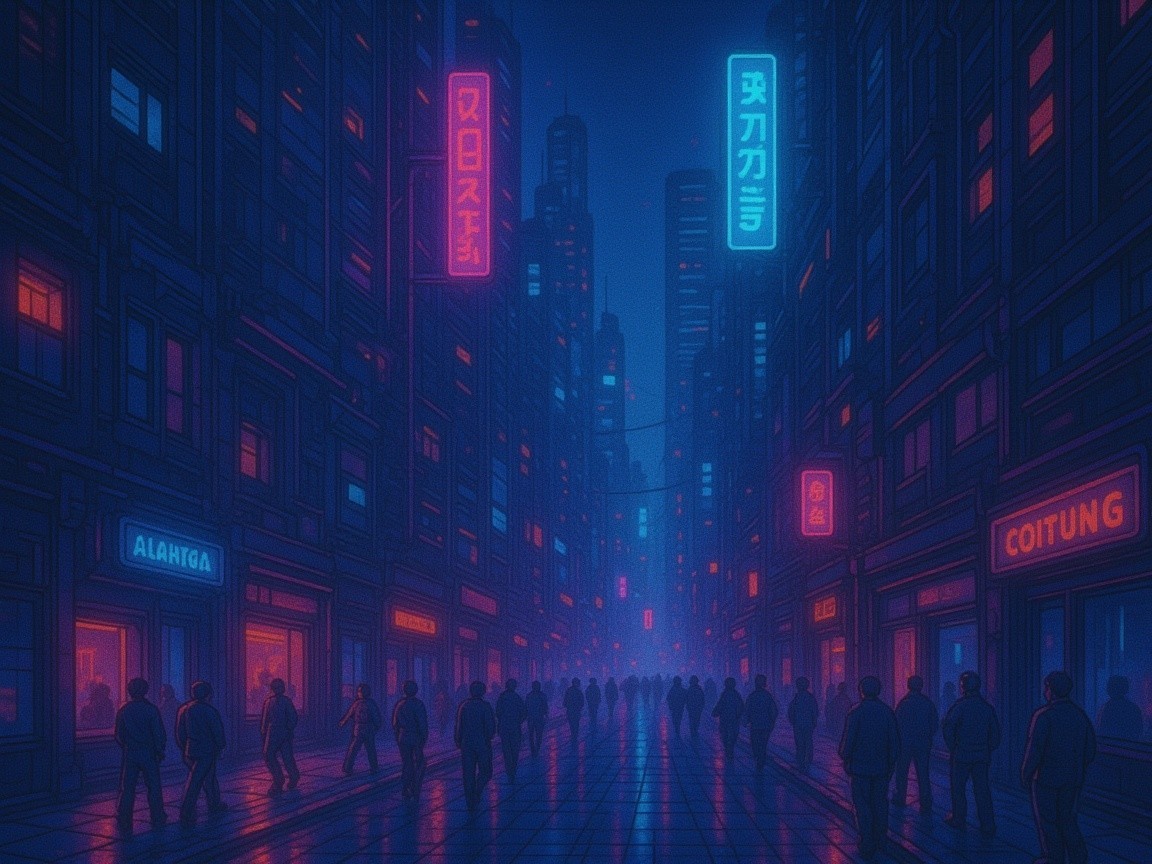 Futuristic Neon-Lit Urban Street Scene in Cyberpunk Aesthetic