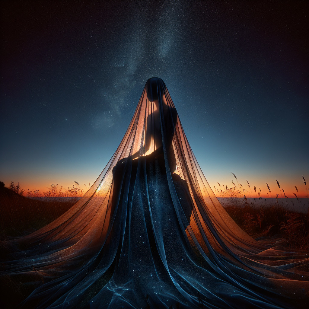 Silhouette in Translucent Fabric Against Sunset Sky