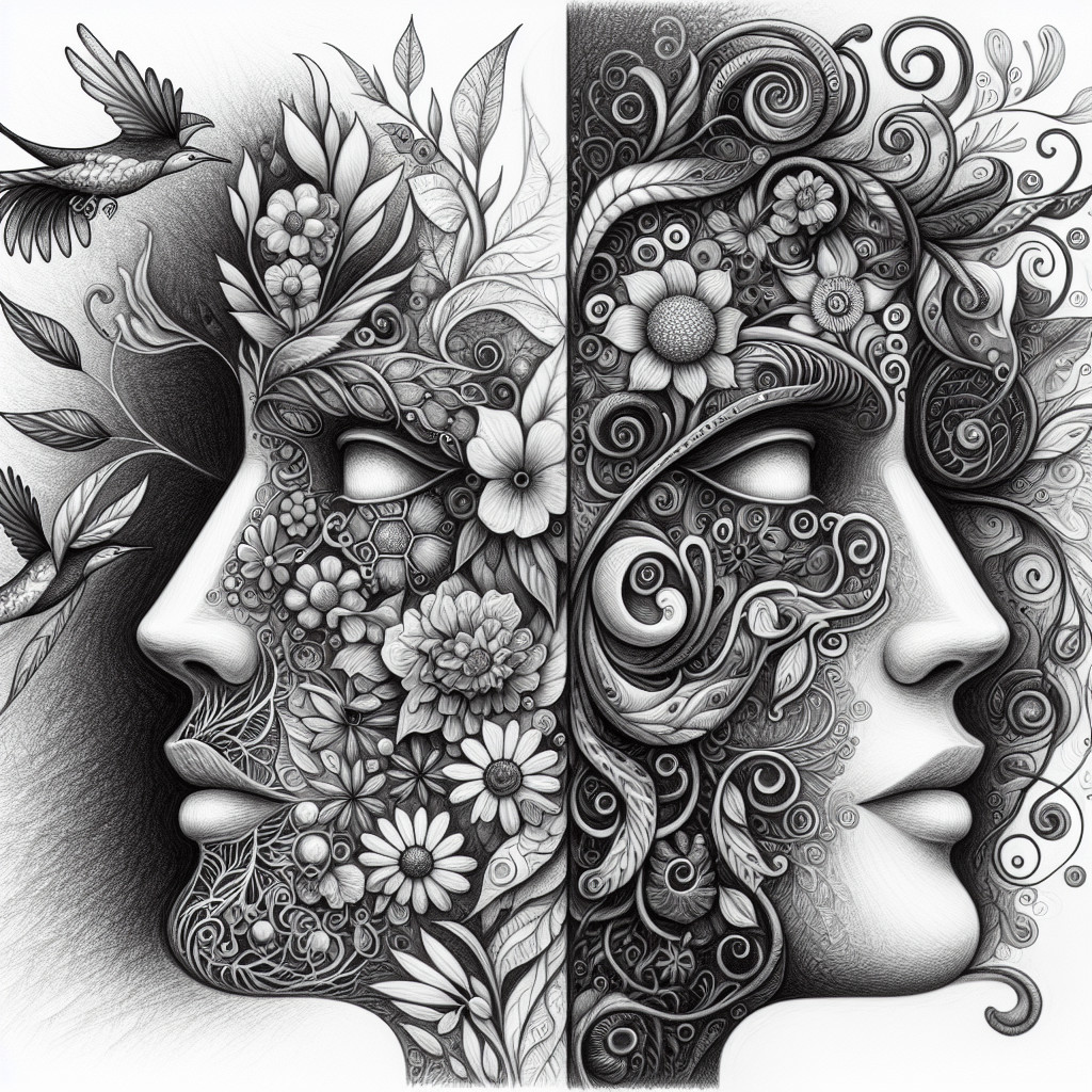 Black and White Illustration of Entwined Faces and Nature