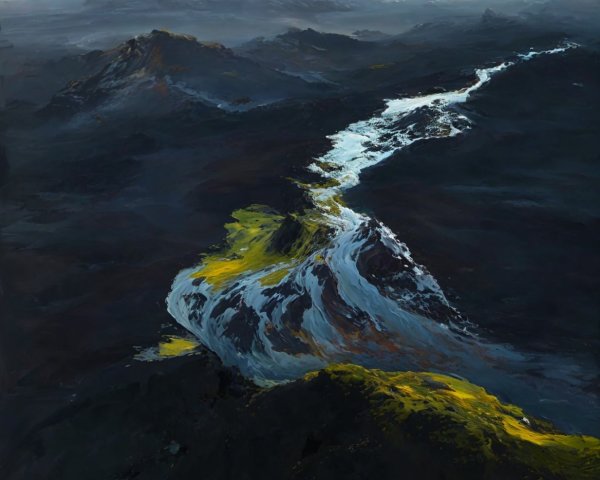 Abstract Painting of River in Dark Mountain Landscape