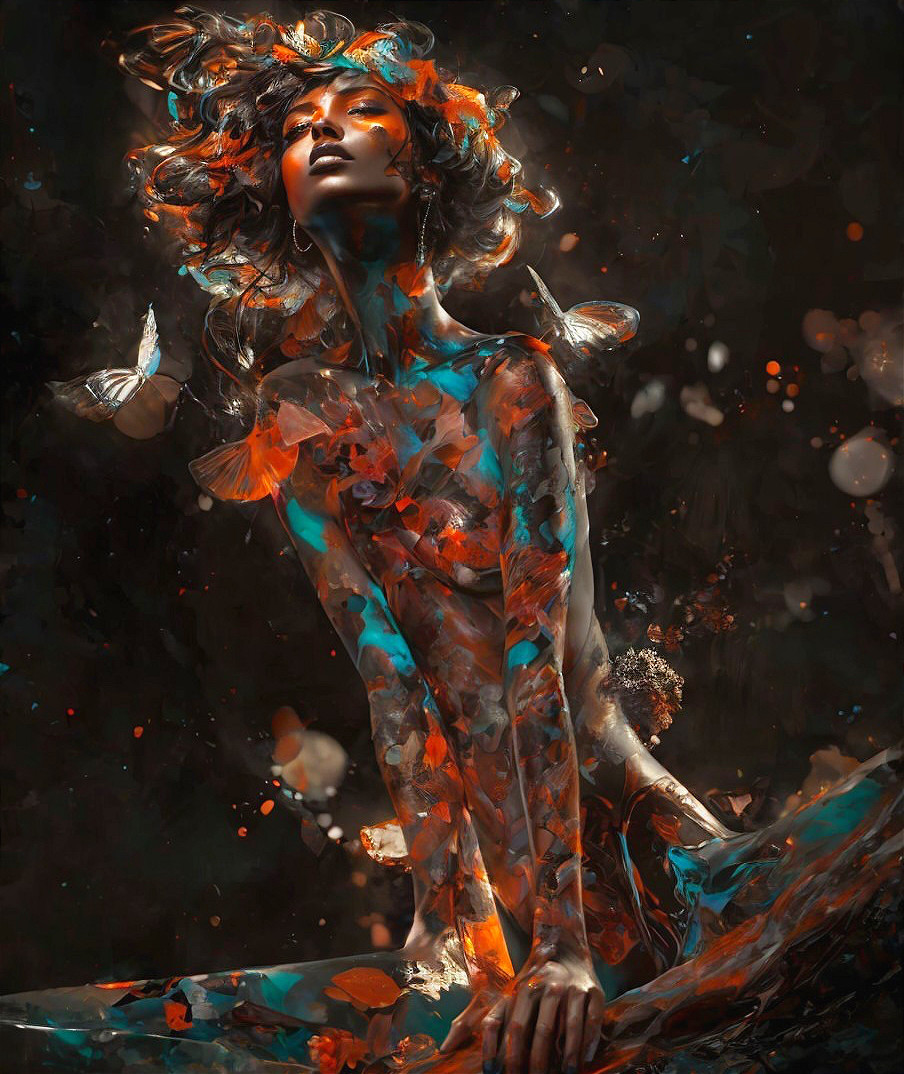 Portrait of person with flowing hair in translucent dress, surrounded by leaves and butterflies in dark, moody